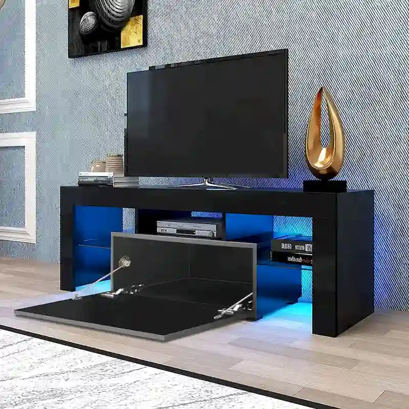 Meuble TV de 130 cm avec porte abattante et étagère en verre pour téléviseurs de 55 po