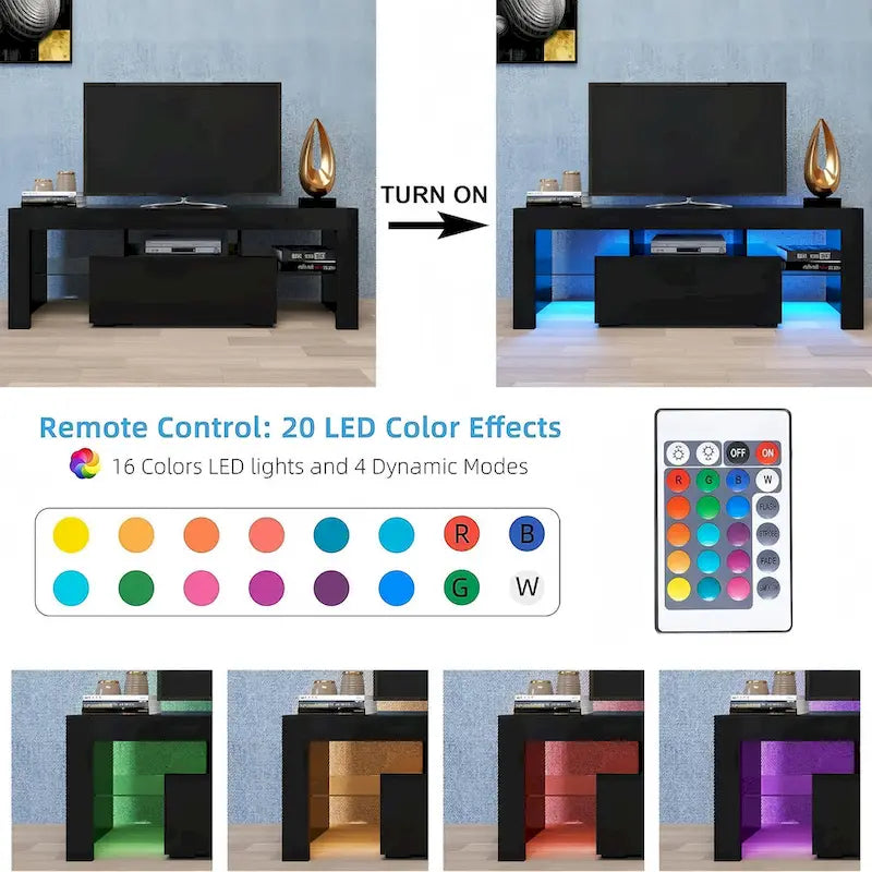 Meuble TV de 130 cm avec porte abattante et étagère en verre pour téléviseurs de 55 po
