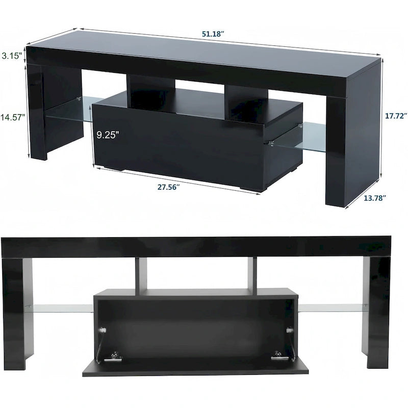 Meuble TV de 130 cm avec porte abattante et étagère en verre pour téléviseurs de 55 po