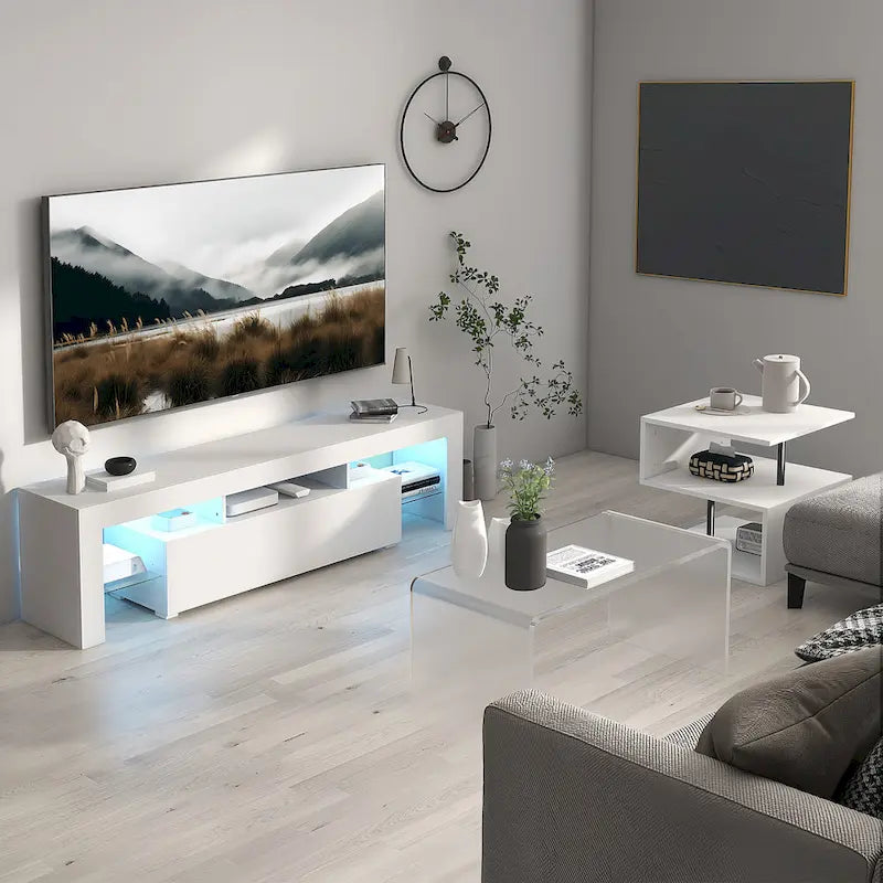 Meuble TV de 130 cm avec porte abattante et étagère en verre pour téléviseurs de 55 po
