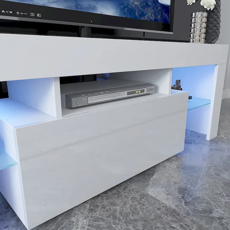 Meuble TV de 130 cm avec porte abattante et étagère en verre pour téléviseurs de 55 po