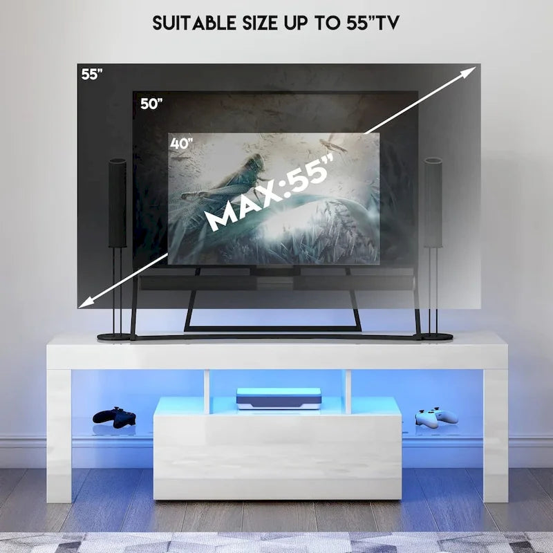 Meuble TV de 130 cm avec porte abattante et étagère en verre pour téléviseurs de 55 po