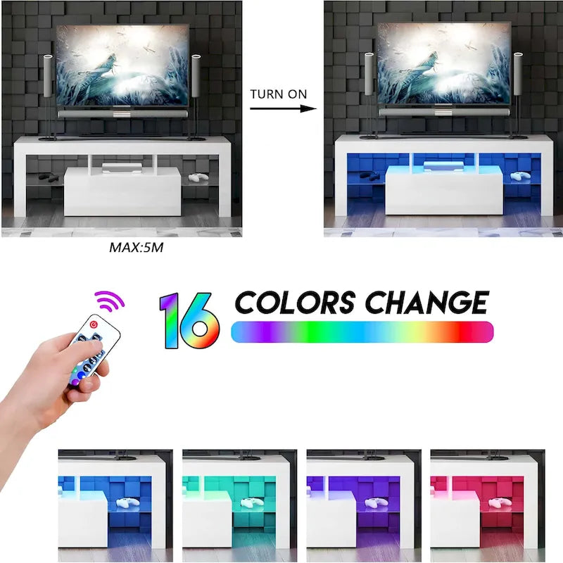 Meuble TV de 130 cm avec porte abattante et étagère en verre pour téléviseurs de 55 po