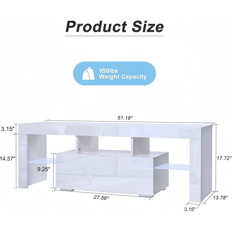 Meuble TV de 130 cm avec porte abattante et étagère en verre pour téléviseurs de 55 po