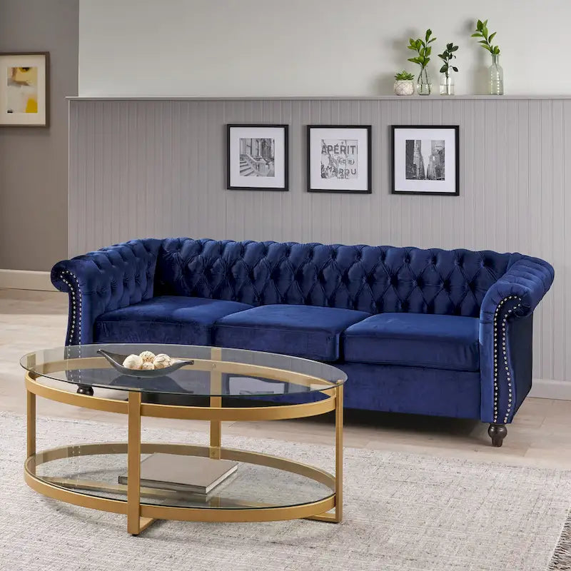 Canapé 3 places Chesterfield capitonné avec clous et pieds Blue 84.75
