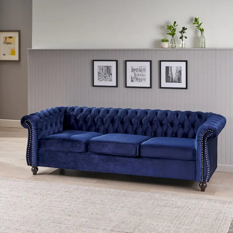 Canapé 3 places Chesterfield capitonné avec clous et pieds Blue 84.75