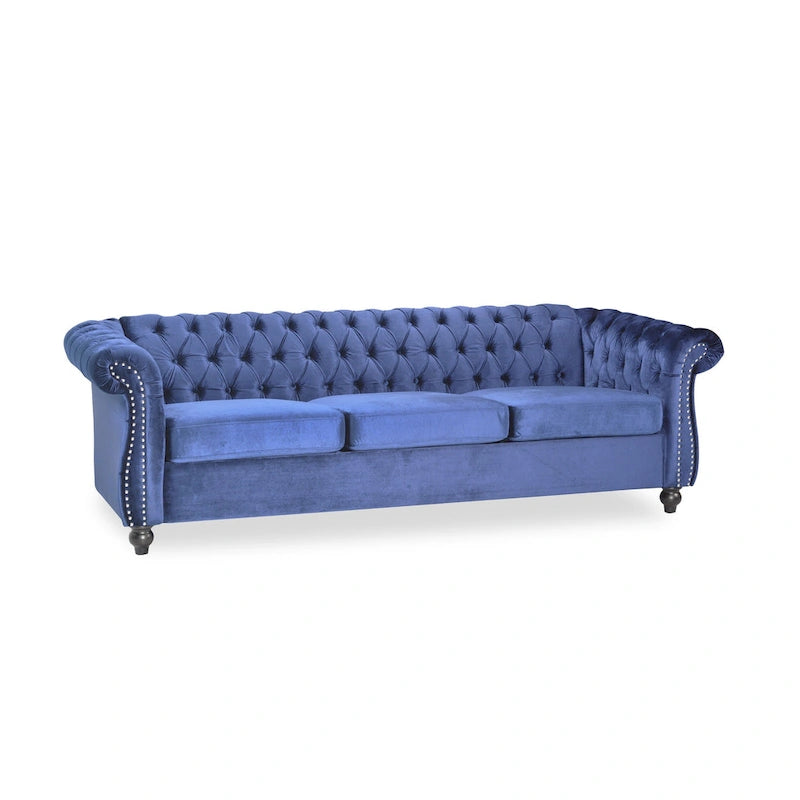 Canapé 3 places Chesterfield capitonné avec clous et pieds Blue 84.75