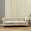 Élégant canapé Chesterfield beige - 3 places en velours avec capitons et pieds en bois