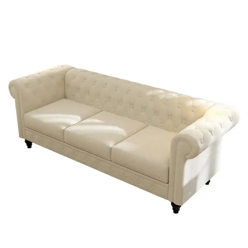 Élégant canapé Chesterfield beige - 3 places en velours avec capitons et pieds en bois
