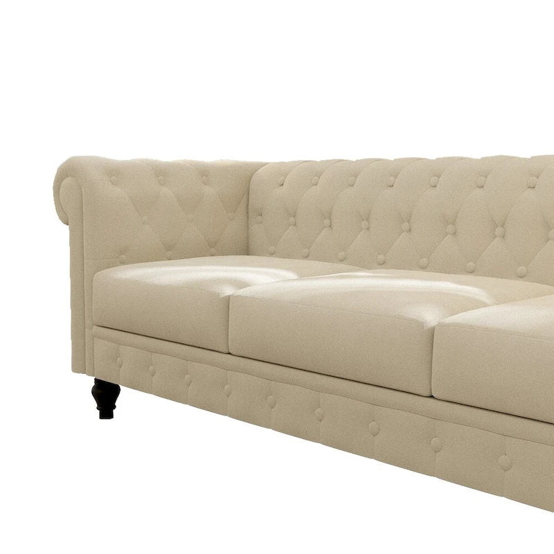 Élégant canapé Chesterfield beige - 3 places en velours avec capitons et pieds en bois