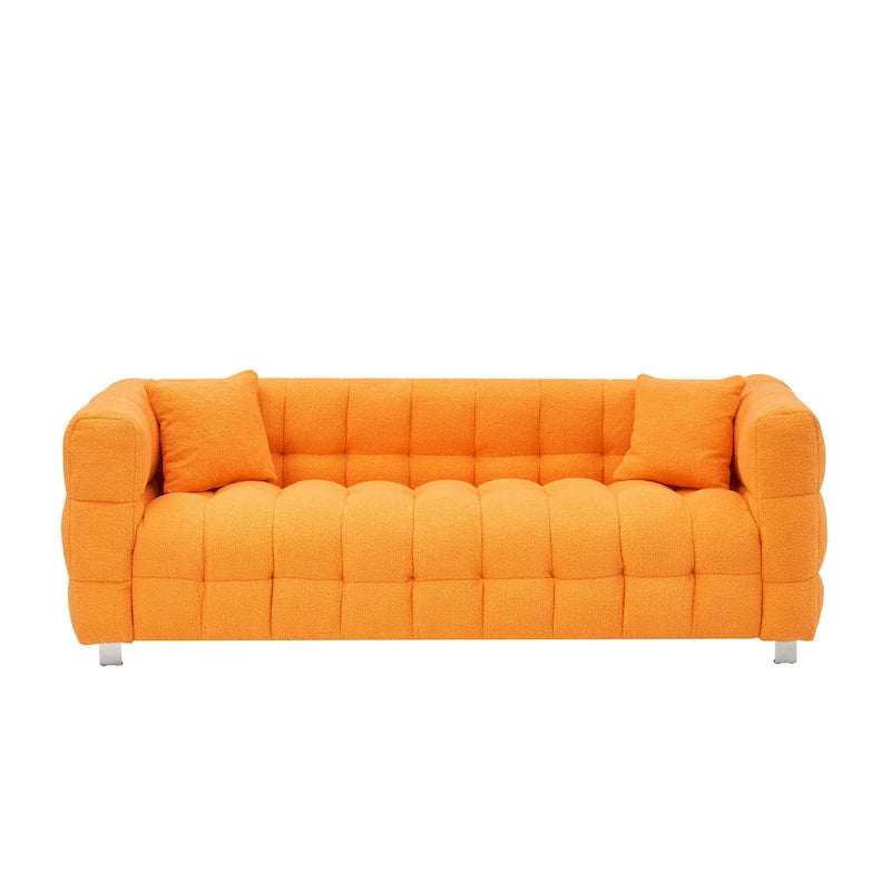 Canapé 3 places Orange 80 Teddy avec deux oreillers et pieds en quincaillerie robuste