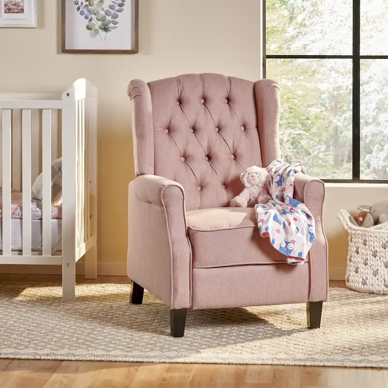 Fauteuil inclinable moderne à oreilles, avec repose-pieds, capitonné et pieds en bouleau