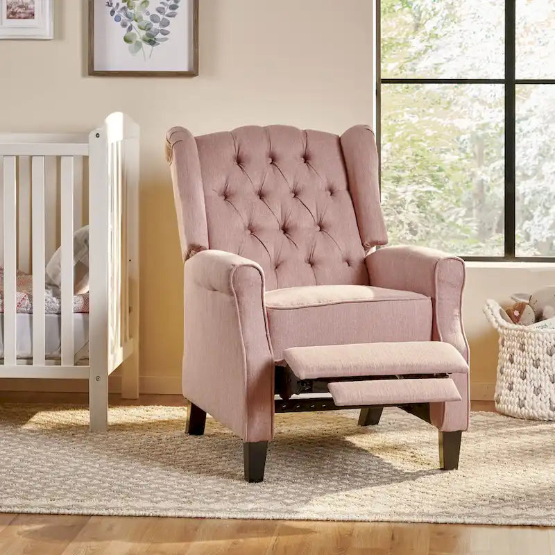 Fauteuil inclinable moderne à oreilles, avec repose-pieds, capitonné et pieds en bouleau