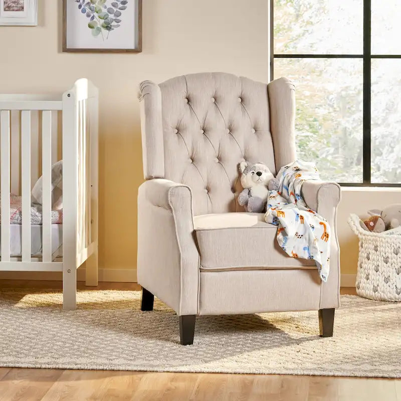 Fauteuil inclinable moderne à oreilles, avec repose-pieds, capitonné et pieds en bouleau