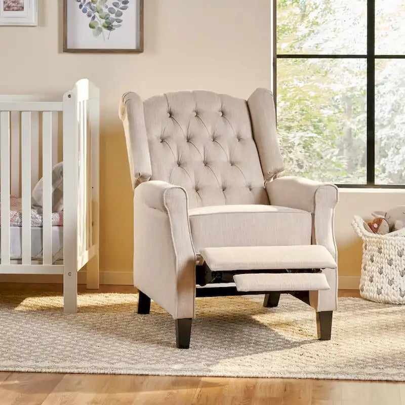 Fauteuil inclinable moderne à oreilles, avec repose-pieds, capitonné et pieds en bouleau