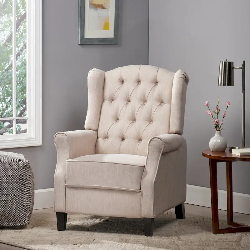 Fauteuil inclinable moderne à oreilles, avec repose-pieds, capitonné et pieds en bouleau