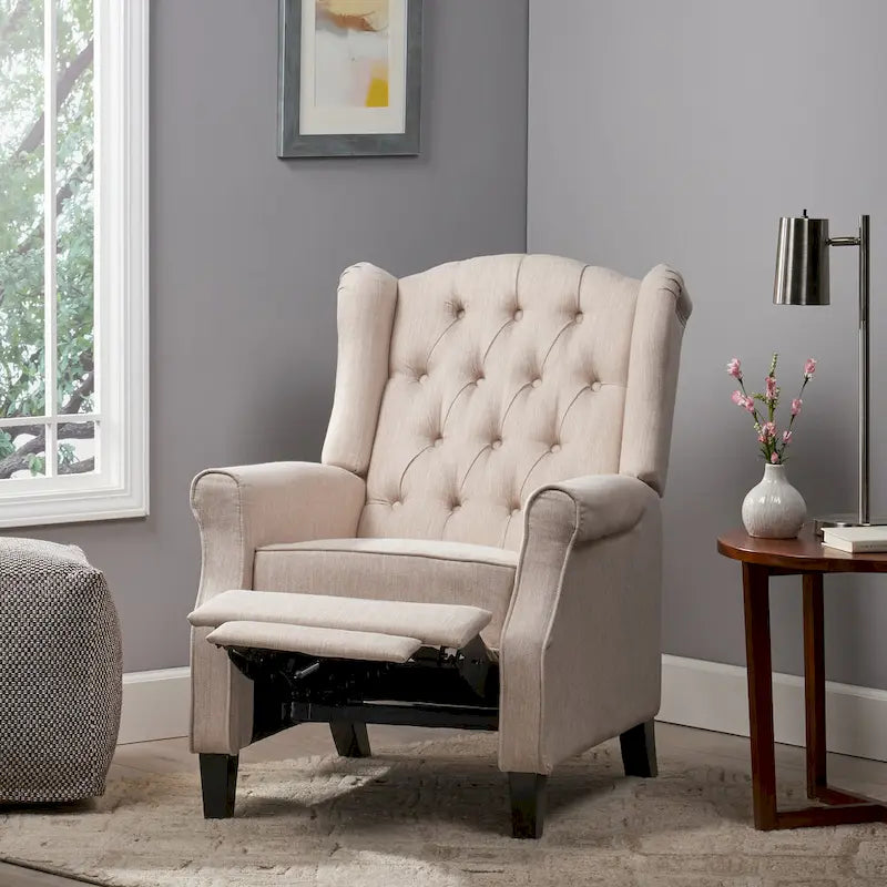 Fauteuil inclinable moderne à oreilles, avec repose-pieds, capitonné et pieds en bouleau