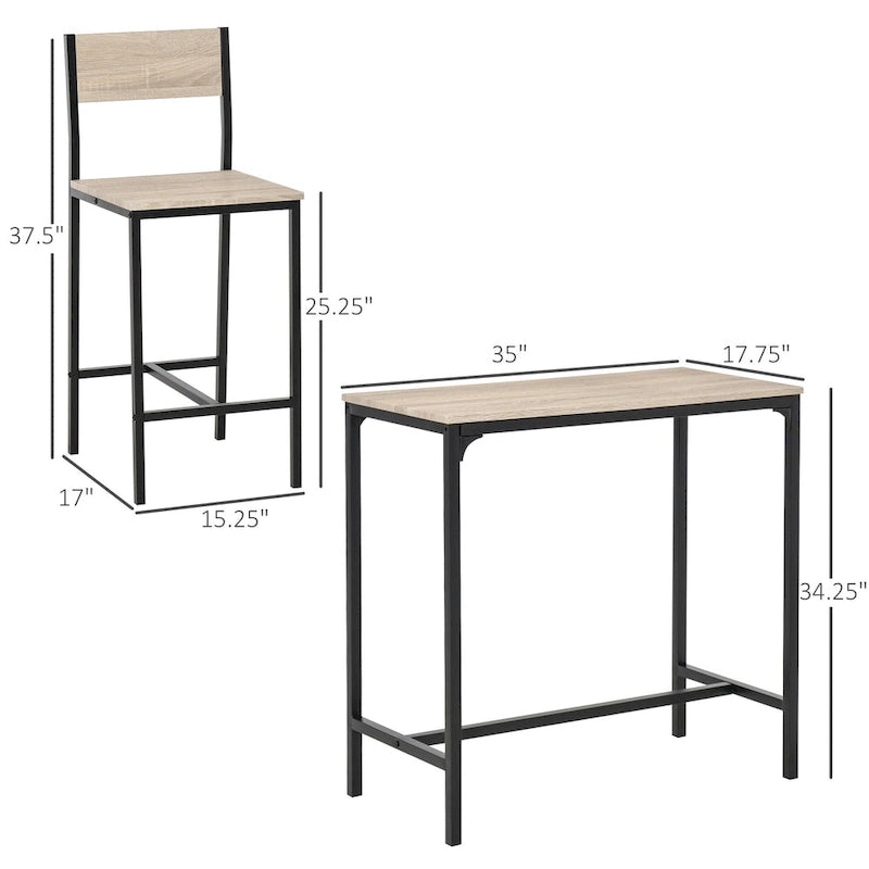 Ensemble table et 2 chaises de bar, table à manger industrielle pour 2, table de cuisine hauteur comptoir avec tabourets de bar