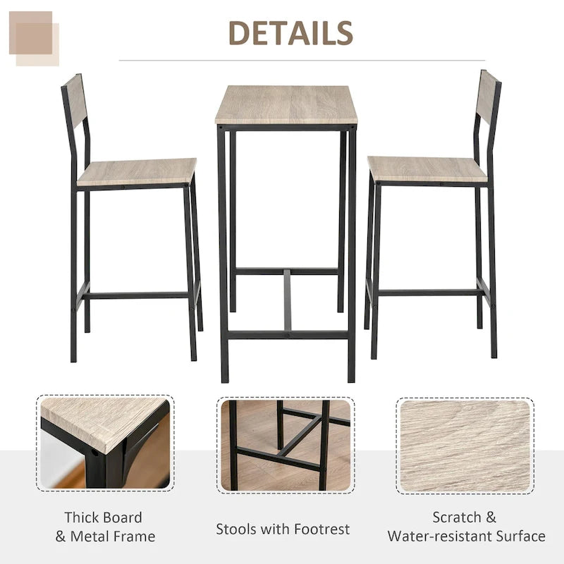 Ensemble table et 2 chaises de bar, table à manger industrielle pour 2, table de cuisine hauteur comptoir avec tabourets de bar
