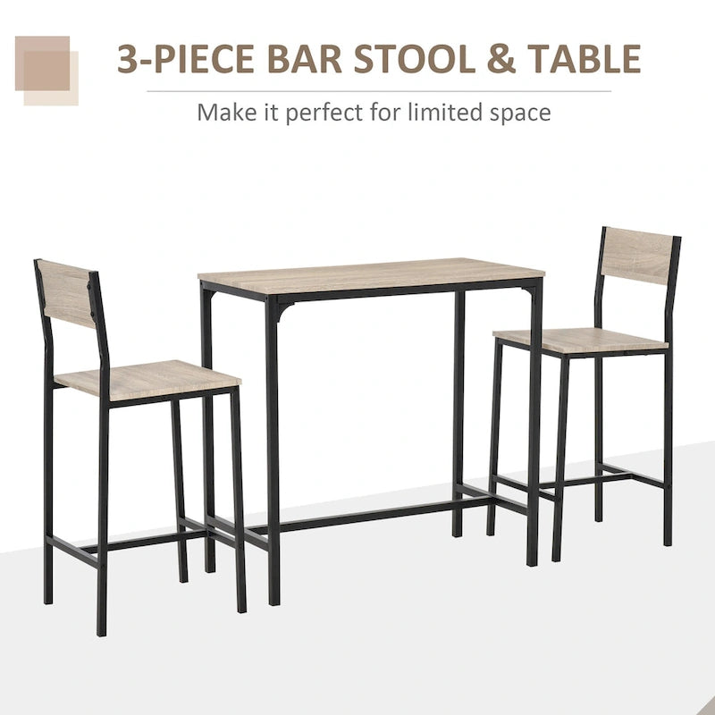 Ensemble table et 2 chaises de bar, table à manger industrielle pour 2, table de cuisine hauteur comptoir avec tabourets de bar