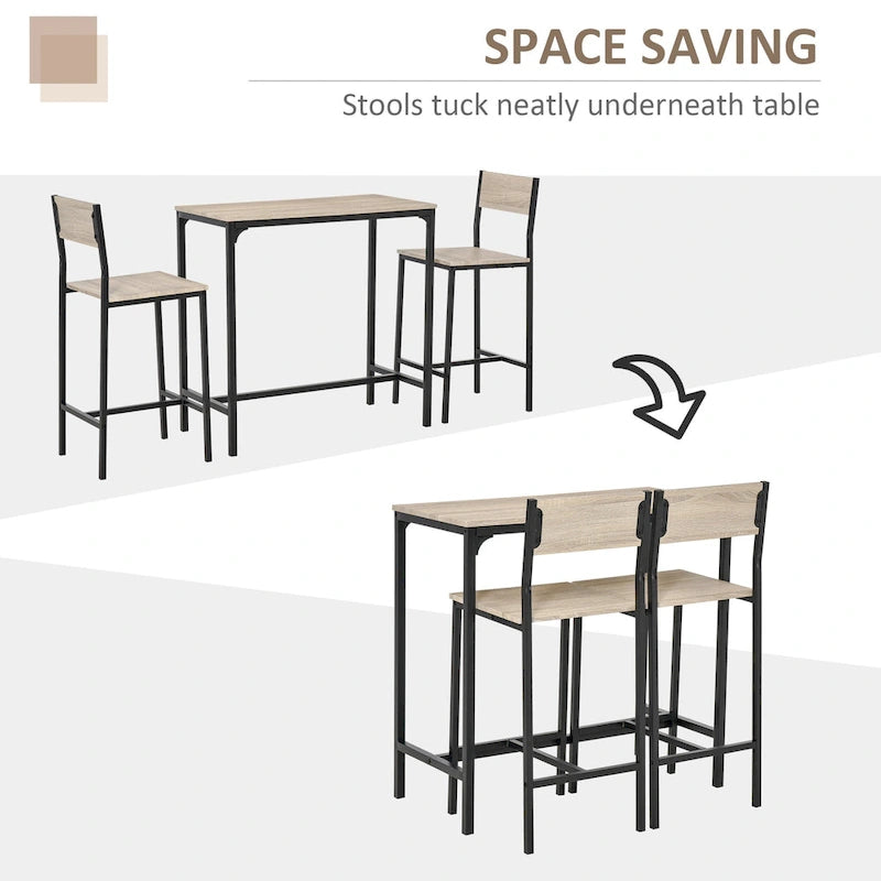 Ensemble table et 2 chaises de bar, table à manger industrielle pour 2, table de cuisine hauteur comptoir avec tabourets de bar