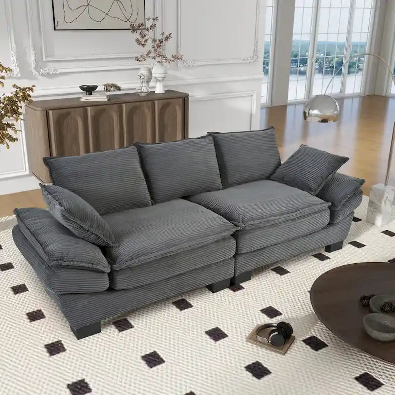 Canapé incurvé moderne de 85,4", dossier rembourré avec 2 oreillers décoratifs, canapé en tissu velours côtelé