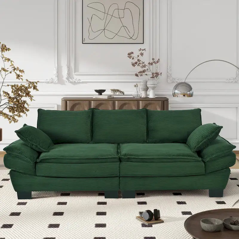 Canapé incurvé moderne de 85,4", dossier rembourré avec 2 oreillers décoratifs, canapé en tissu velours côtelé