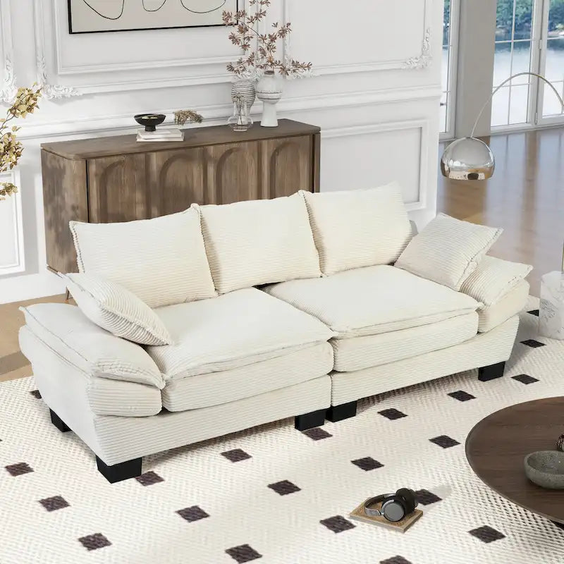 Canapé incurvé moderne de 85,4", dossier rembourré avec 2 oreillers décoratifs, canapé en tissu velours côtelé