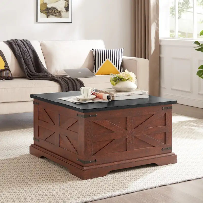 Table basse, table carrée en bois avec rangement dissimulé, design grange, table basse rustique avec plateau relevable à charnières