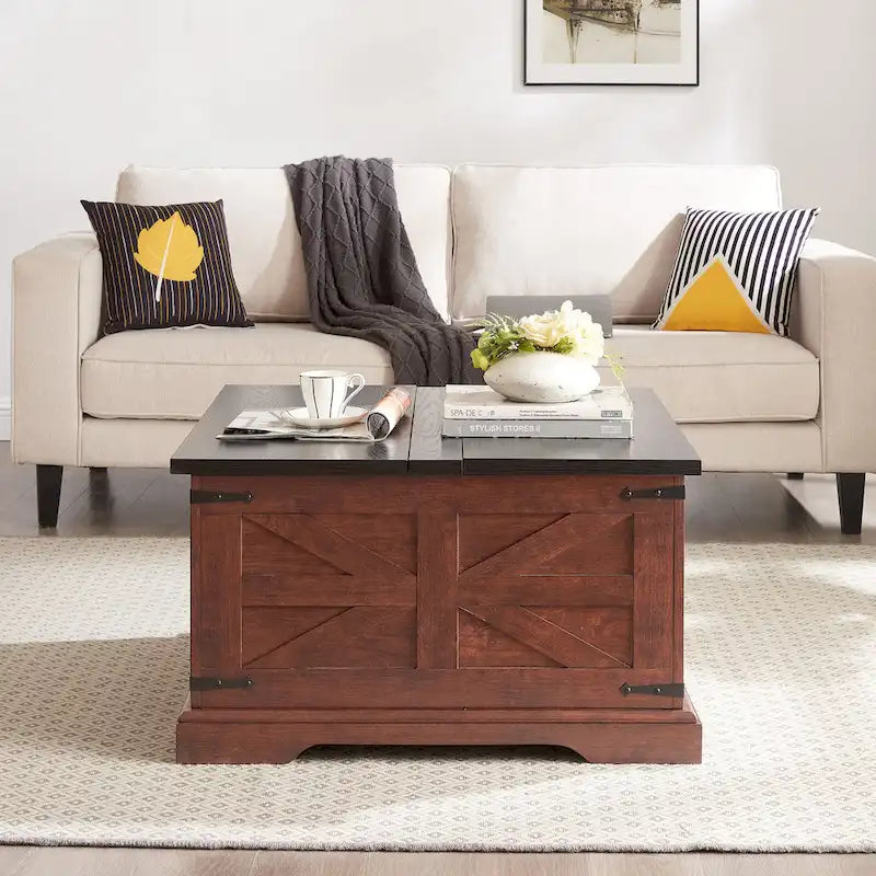 Table basse, table carrée en bois avec rangement dissimulé, design grange, table basse rustique avec plateau relevable à charnières