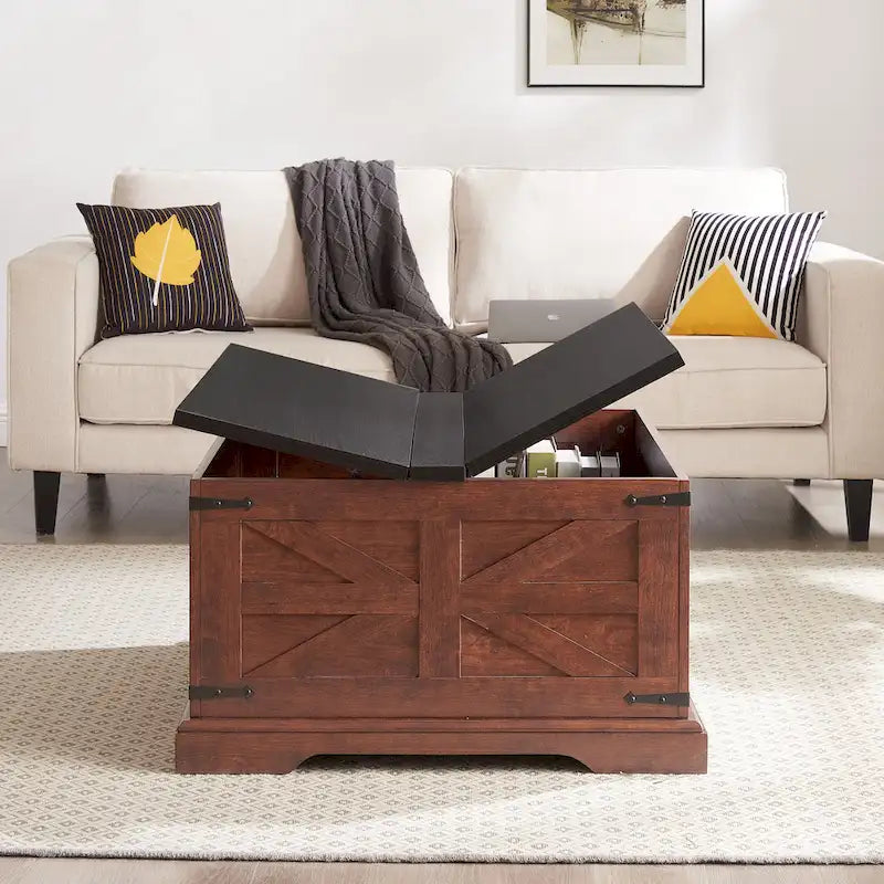 Table basse, table carrée en bois avec rangement dissimulé, design grange, table basse rustique avec plateau relevable à charnières
