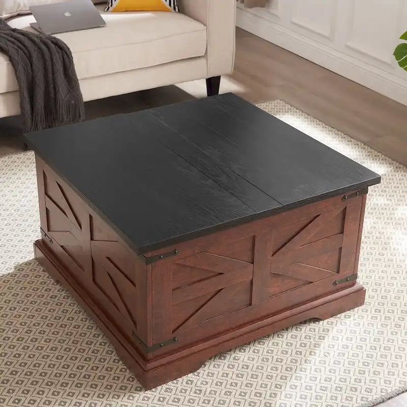 Table basse, table carrée en bois avec rangement dissimulé, design grange, table basse rustique avec plateau relevable à charnières