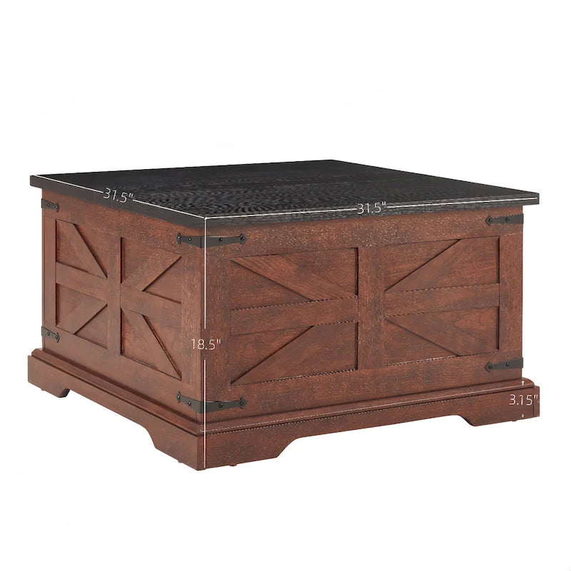 Table basse, table carrée en bois avec rangement dissimulé, design grange, table basse rustique avec plateau relevable à charnières