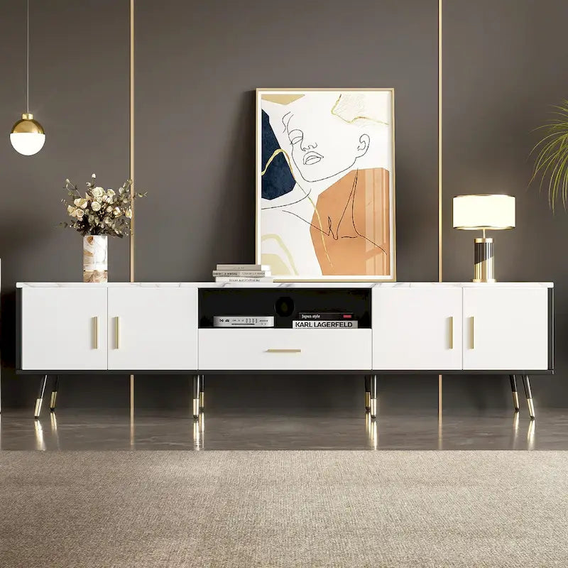 Meuble TV moderne de 71 po avec 2 armoires et compartiments ouverts, centre de divertissement pour téléviseurs jusqu'à 80 po, console de télévision