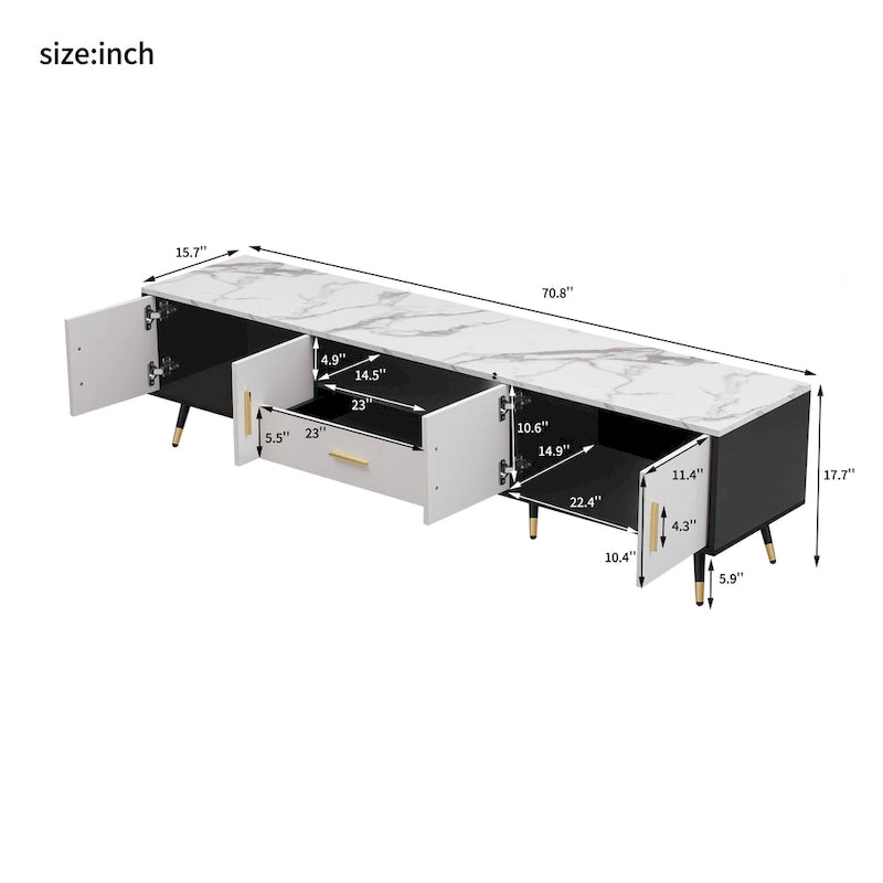 Meuble TV moderne de 71 po avec 2 armoires et compartiments ouverts, centre de divertissement pour téléviseurs jusqu'à 80 po, console de télévision
