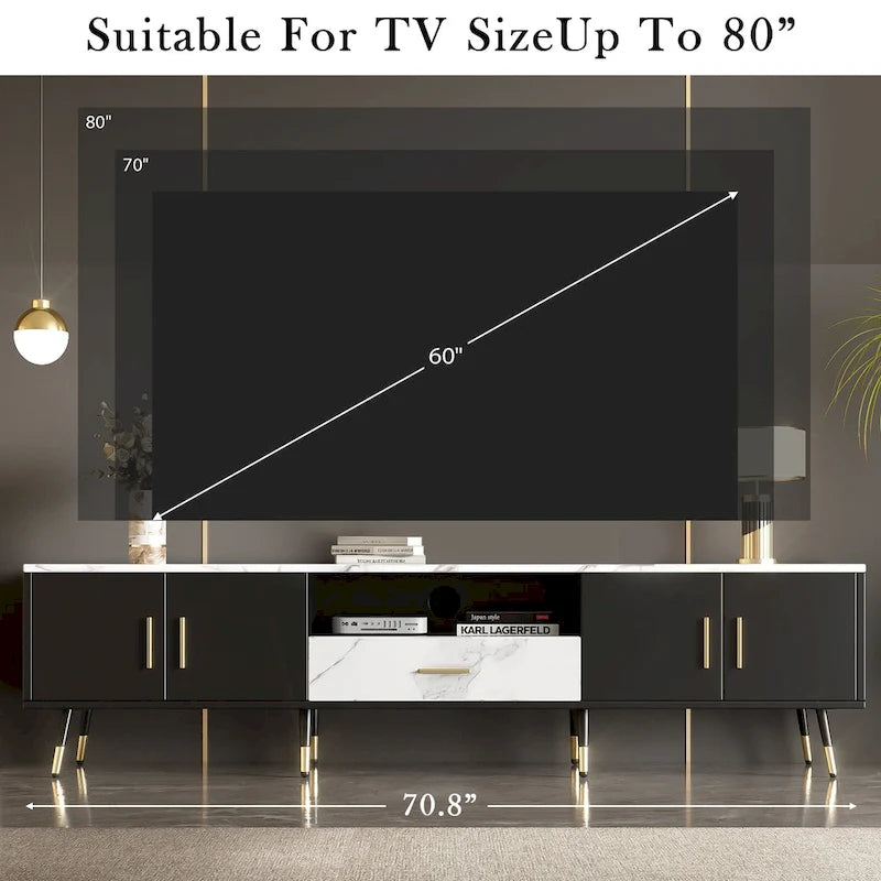 Meuble TV moderne de 71 po avec 2 armoires et compartiments ouverts, centre de divertissement pour téléviseurs jusqu'à 80 po, console de télévision