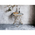 Table d'appoint ronde avec plateau en verre dépoli et finition champagne, avec base en métal en V