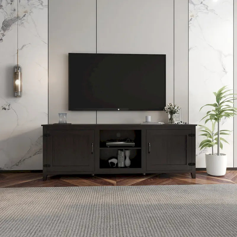Meuble TV de rangement, Console multimédia, Meuble de divertissement, Noir traditionnel, avec portes