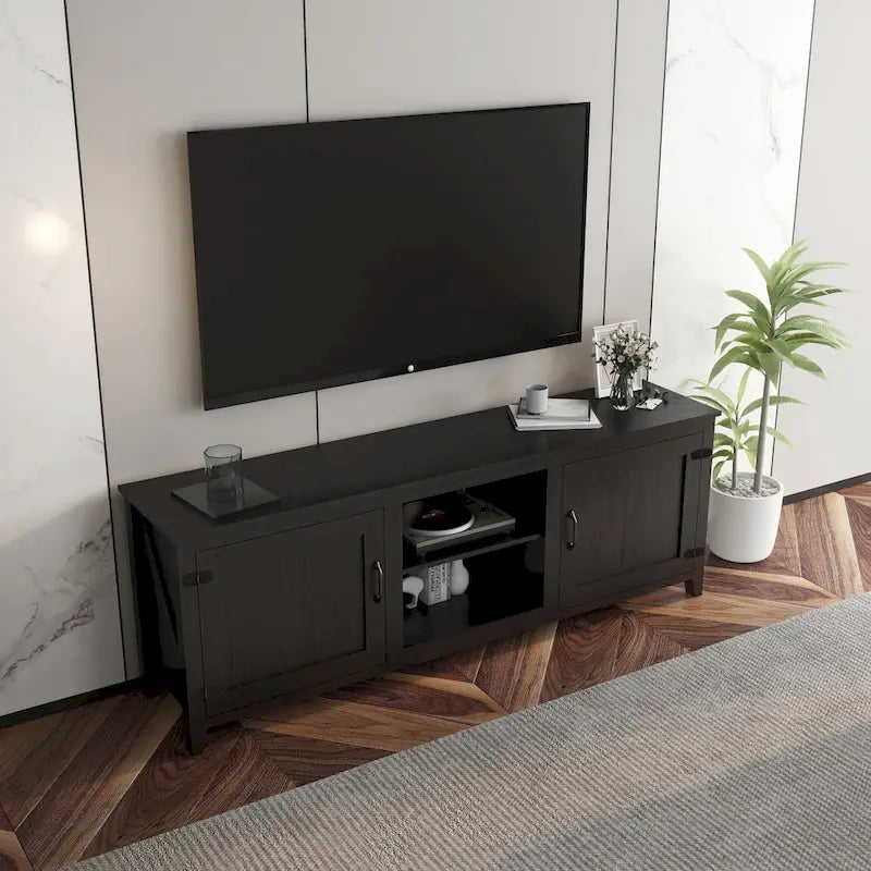 Meuble TV de rangement, Console multimédia, Meuble de divertissement, Noir traditionnel, avec portes