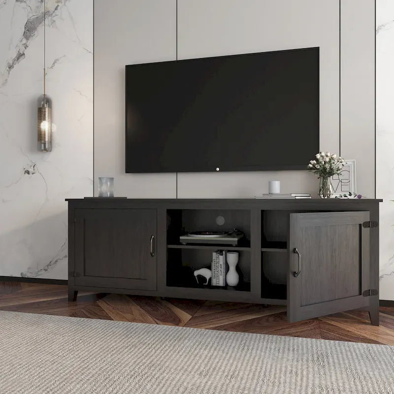 Meuble TV de rangement, Console multimédia, Meuble de divertissement, Noir traditionnel, avec portes