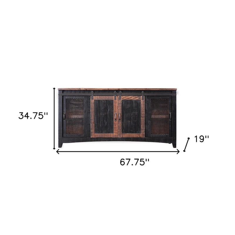 HomeRoots Meuble TV fermé en bois massif noir vieilli 68 po - 67,75 X 34,75 X 19 po