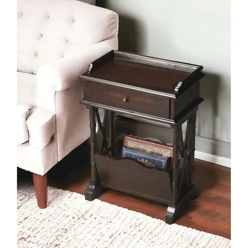 HomeRoots Table d'appoint 24" noire en bois massif et manufacturé avec tiroir, étagère et porte-revues - 24