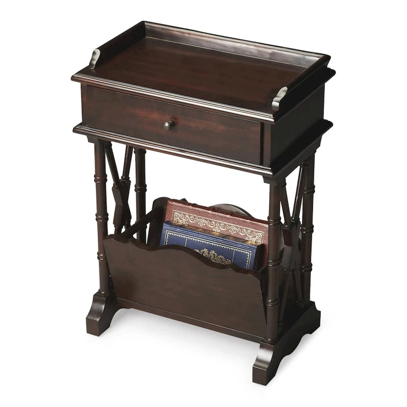 HomeRoots Table d'appoint 24" noire en bois massif et manufacturé avec tiroir, étagère et porte-revues - 24