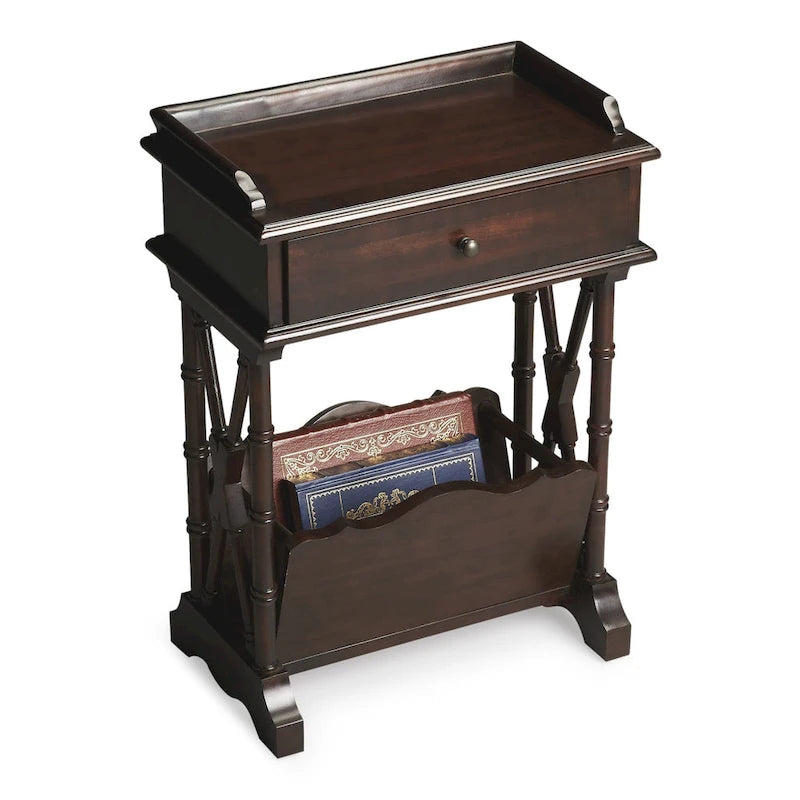HomeRoots Table d'appoint 24" noire en bois massif et manufacturé avec tiroir, étagère et porte-revues - 24