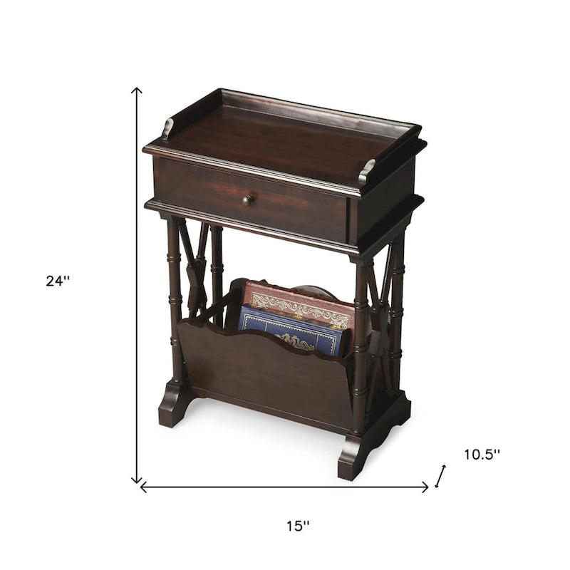 HomeRoots Table d'appoint 24" noire en bois massif et manufacturé avec tiroir, étagère et porte-revues - 24