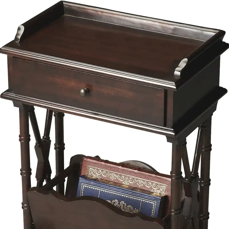 HomeRoots Table d'appoint 24" noire en bois massif et manufacturé avec tiroir, étagère et porte-revues - 24