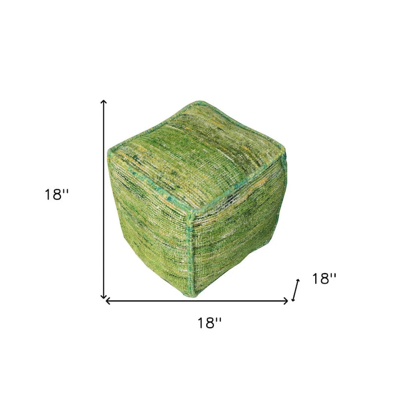 Pouff ottoman en cube en mélange de soie recyclée verte et coton 18 po