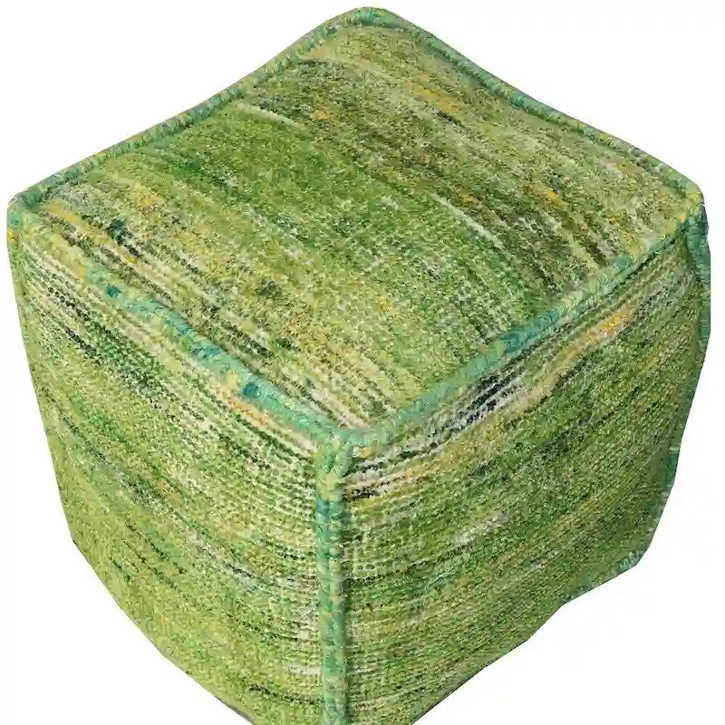 Pouff ottoman en cube en mélange de soie recyclée verte et coton 18 po