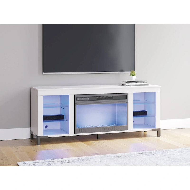 Meuble TV Signature Design by Ashley Brollevi blanc de 60 po avec foyer électrique pour téléviseurs jusqu'à 69 po