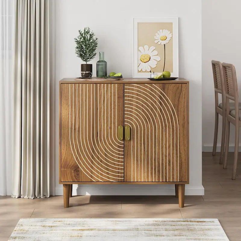 Buffet en Noyer, Meuble de Rangement Autoportant avec Rainures, Meuble de Rangement en Bois avec Étagère Réglable